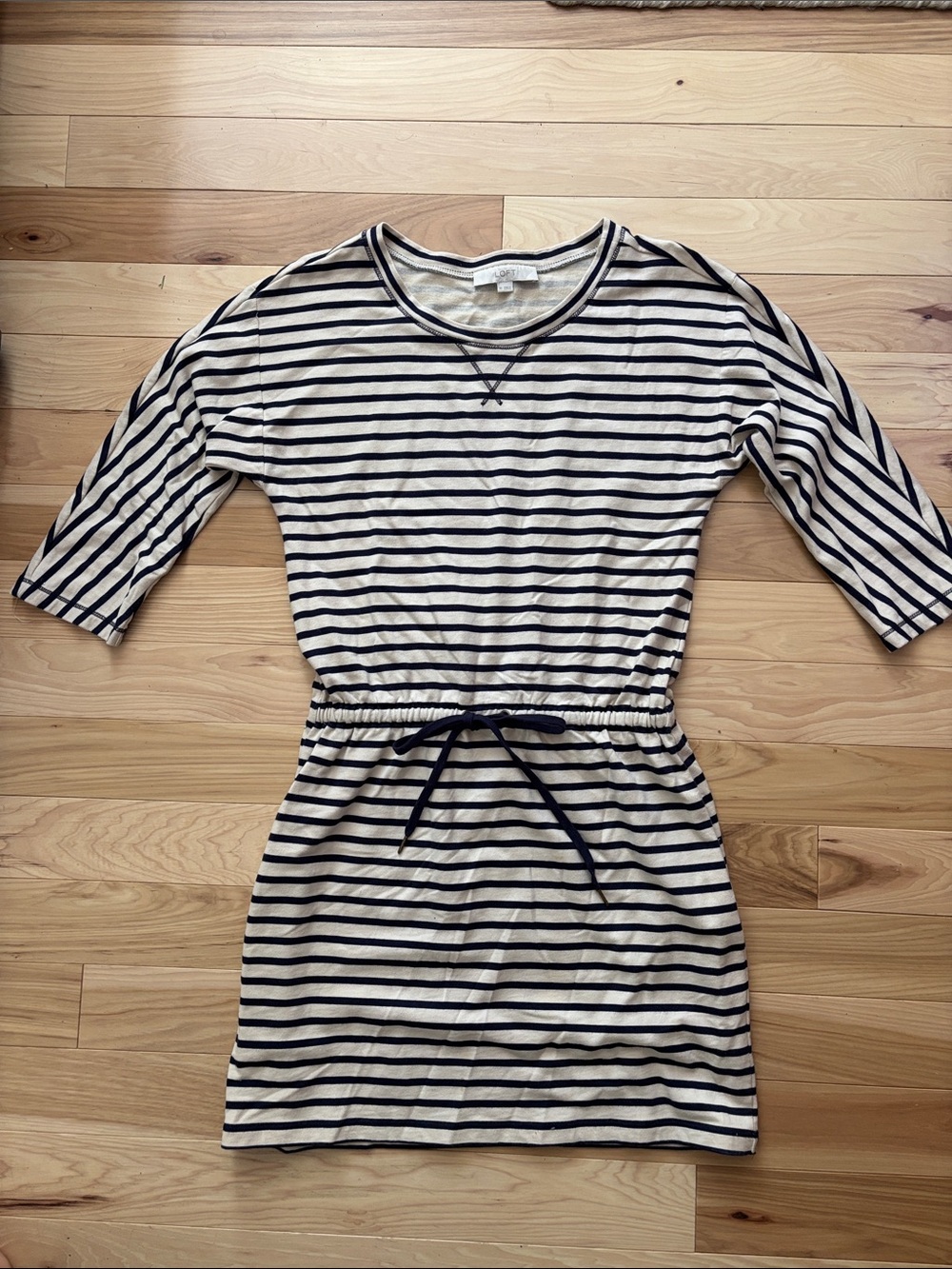 LOFT Navy & Cream Striped cotton dress